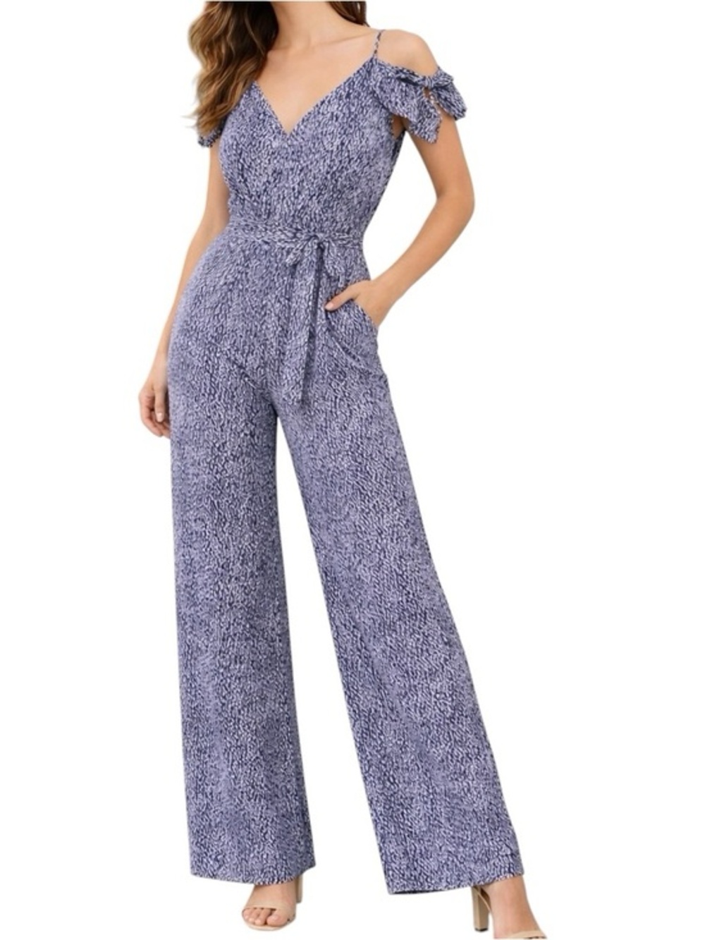Michael Kors Women's XL Blue Ikat Off Shoulder Jumpsuit with Pockets